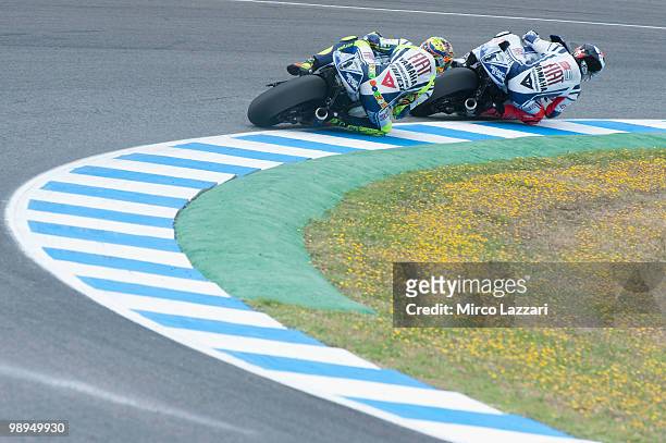 Jorge Lorenzo of Spain and Fiat Yamaha Team leads Valentino Rossi of Italy and Fiat Yamaha Team during the MotoGP race at Circuito de Jerez on May 2,...