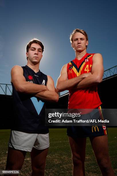 Rhylee West of Vic Metro and Jack Lukosius of South Australia pose for a photo ahead of the Grand Final match between the two teams to be held at...