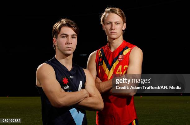 Rhylee West of Vic Metro and Jack Lukosius of South Australia pose for a photo ahead of the Grand Final match between the two teams to be held at...