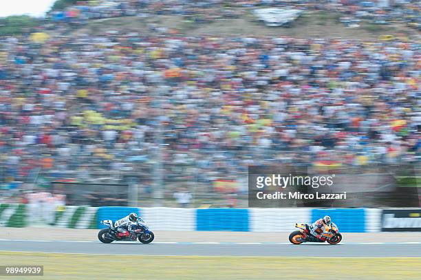 Dani Pedrosa of Spain and Repsol Honda Team leads Jorge Lorenzo of Spain and Fiat Yamaha Team during the MotoGP race at Circuito de Jerez on May 2,...