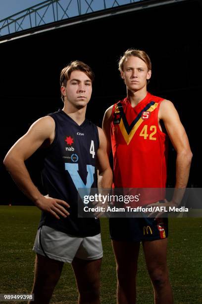 Rhylee West of Vic Metro and Jack Lukosius of South Australia pose for a photo ahead of the Grand Final match between the two teams to be held at...