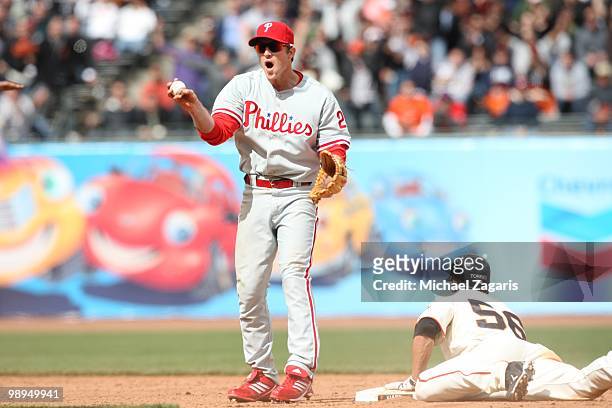 Chase Utley of the Philadelphia Phillies reacting in disbelief of the call during the game against the San Francisco Giants at AT&T Park on April 28,...