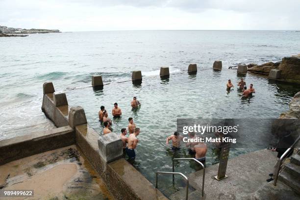 Blues players swim during a New South Wales Blues State of Origin Recovery Session at Coogee Beach on July 2, 2018 in Sydney, Australia.