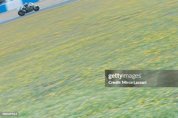 Hiroshi Aoyama of Japan and Interwetten MotoGP Team rounds the bend during the MotoGP race at Circuito de Jerez on May 2, 2010 in Jerez de la...