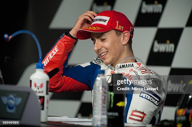 Jorge Lorenzo of Spain and Fiat Yamaha Team speaks during the press conference after the MotoGP race at Circuito de Jerez on May 2, 2010 in Jerez de...