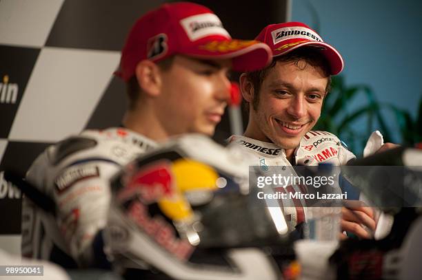 Valentino Rossi of Italy and Fiat Yamaha Team smiles during the press conference after the MotoGP race at Circuito de Jerez on May 2, 2010 in Jerez...