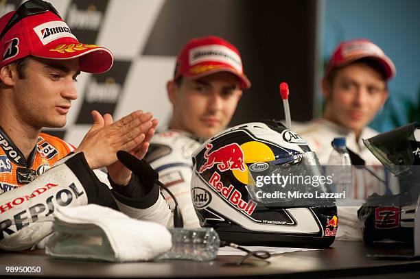 Dani Pedrosa of Spain and Repsol Honda Team speaks during the press conference after the MotoGP race at Circuito de Jerez on May 2, 2010 in Jerez de...