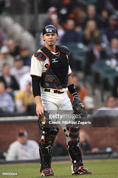 Eli Whiteside of the San Francisco Giants catching during the game against the Philadelphia Phillies at AT&T Park on April 26, 2010 in San Francisco,...