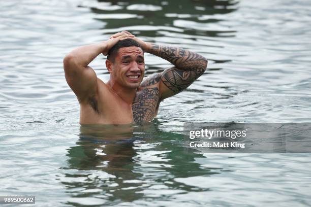Tyson Frizell swims during a New South Wales Blues State of Origin Recovery Session at Coogee Beach on July 2, 2018 in Sydney, Australia.