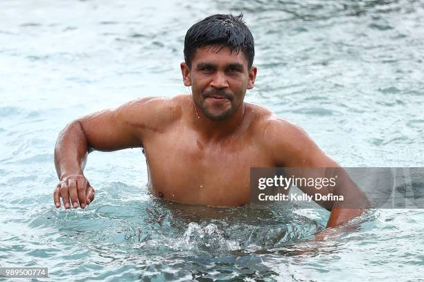 Tyrone Peachey of the Blues is seen in the ocean pool during a New South Wales Blues State of Origin Recovery Session at Coogee Beach on July 2, 2018...
