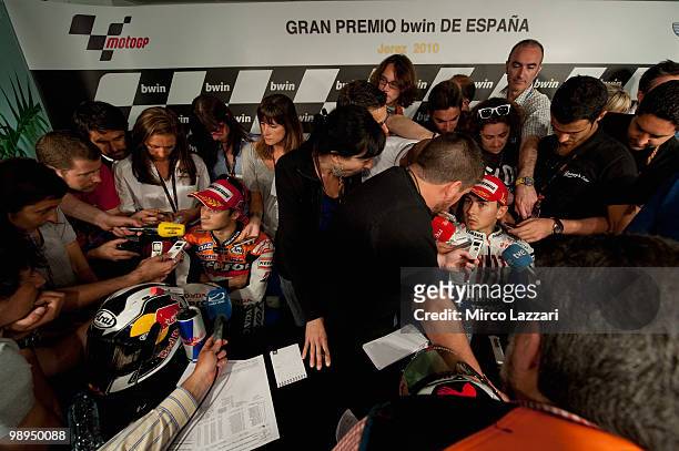 Dani Pedrosa of Spain and Repsol Honda Team and Jorge Lorenzo of Spain and Fiat Yamaha Team speak with journalists after the press conference after...