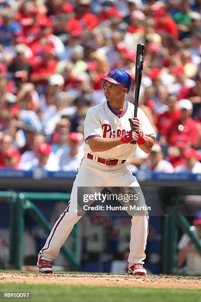 Left fielder Raul Ibanez of the Philadelphia Phillies bats during a game against the St. Louis Cardinals at Citizens Bank Park on May 6, 2010 in...