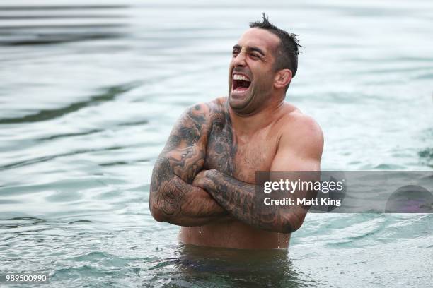 Paul Vaughan swims during a New South Wales Blues State of Origin Recovery Session at Coogee Beach on July 2, 2018 in Sydney, Australia.