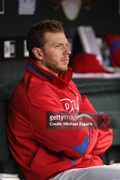 Roy Halladay of the Philadelphia Phillies sitting in the dugout during the game against the San Francisco Giants at AT&T Park on April 26, 2010 in...