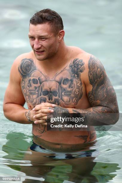 Tariq Sims of the Blues is seen in the ocean pool during a New South Wales Blues State of Origin Recovery Session at Coogee Beach on July 2, 2018 in...