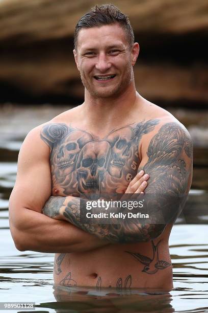 Tariq Sims of the Blues is seen in the ocean pool during a New South Wales Blues State of Origin Recovery Session at Coogee Beach on July 2, 2018 in...