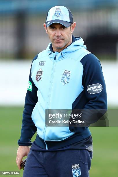 Brad Fittler NSW Blues coach is seen during a New South Wales Blues State of Origin Recovery Session at Coogee Oval on July 2, 2018 in Sydney,...