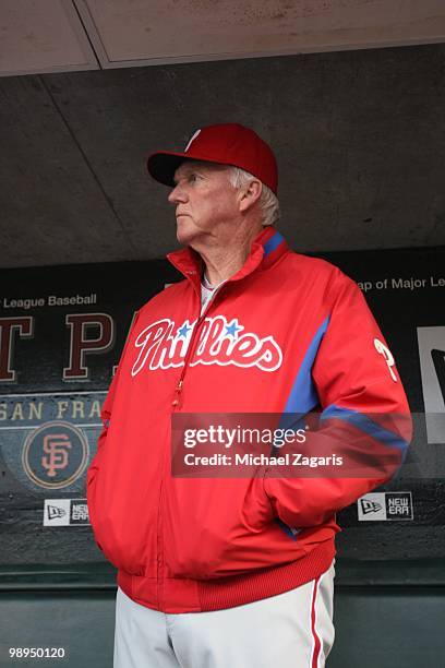 Manager Charlie Manuel of the Philadelphia Phillies standing in the dugout prior to the game against the San Francisco Giants at AT&T Park on April...