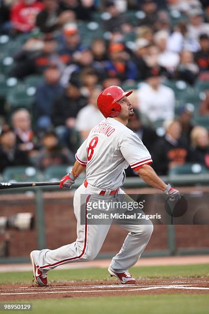 Shane Victorino of the Philadelphia Phillies hitting during the game against the San Francisco Giants at AT&T Park on April 26, 2010 in San...