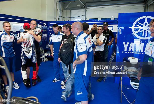 Jorge Lorenzo of Spain and Fiat Yamaha Team celebrates in box with the team after the MotoGP race at Circuito de Jerez on May 2, 2010 in Jerez de la...