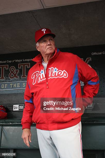 Manager Charlie Manuel of the Philadelphia Phillies standing in the dugout prior to the game against the San Francisco Giants at AT&T Park on April...