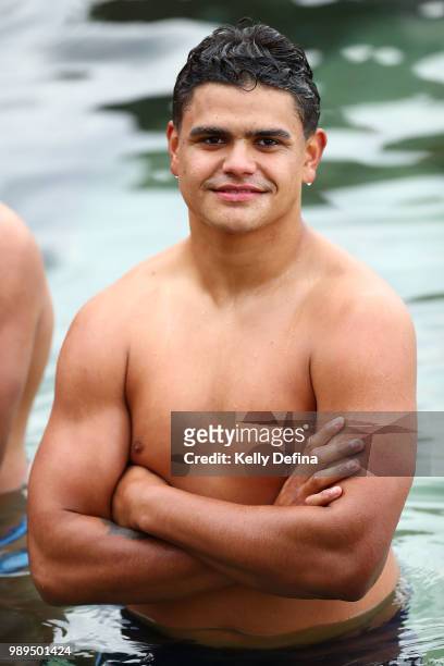Latrell Mitchell of the Blues is seen in the ocean pool during a New South Wales Blues State of Origin Recovery Session at Coogee Beach on July 2,...