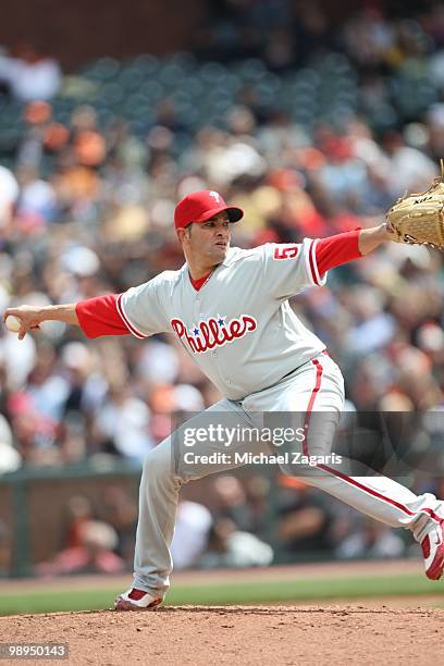 Danys Baez of the Philadelphia Phillies pitching during the game against the San Francisco Giants at AT&T Park on April 28, 2010 in San Francisco,...