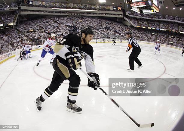 Jordan Staal of the Pittsburgh Penguins skates against the Montreal Canadiens in Game Five of the Eastern Conference Semifinals during the 2010 NHL...