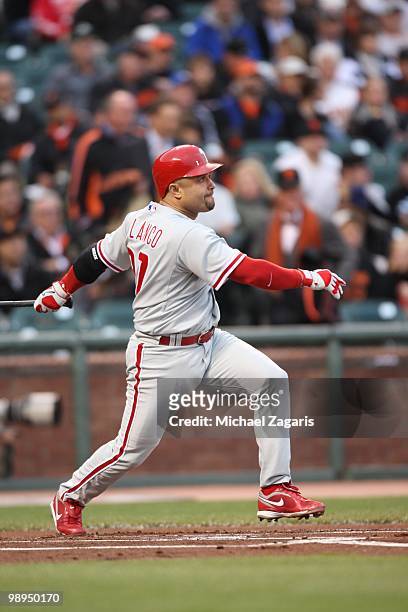 Placido Polanco of the Philadelphia Phillies hitting during the game against the San Francisco Giants at AT&T Park on April 26, 2010 in San...