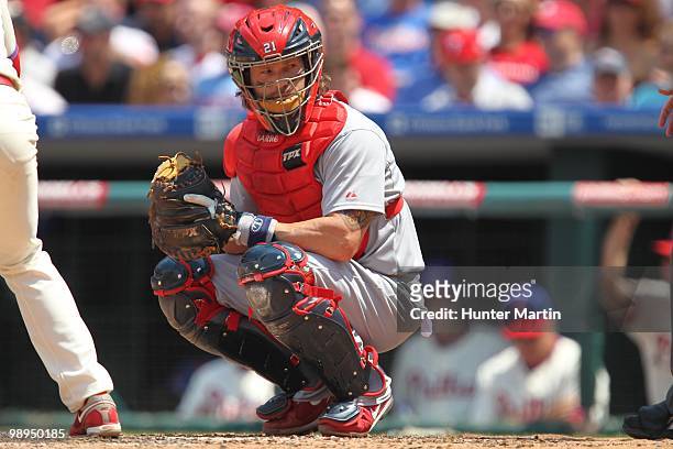 Catcher Jason LaRue of the St. Louis Cardinals looks to the dugout during a game against the Philadelphia Phillies at Citizens Bank Park on May 6,...