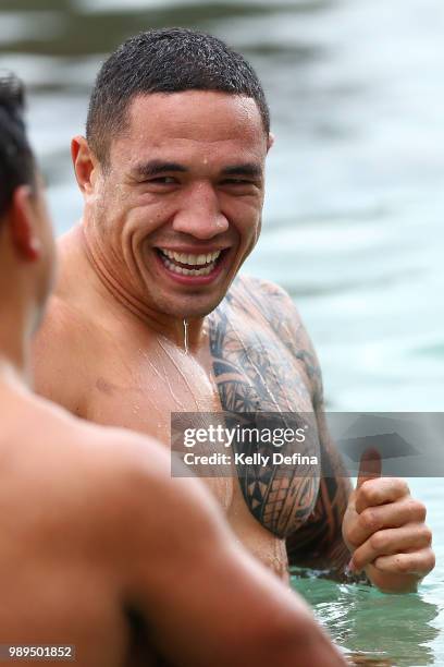 Tyson Frizell of the Blues is seen in the ocean pool during a New South Wales Blues State of Origin Recovery Session at Coogee Beach on July 2, 2018...