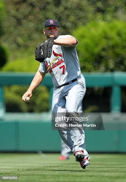 Left fielder Matt Holliday of the St. Louis Cardinals throws to the infield on the field during a game against the Philadelphia Phillies at Citizens...