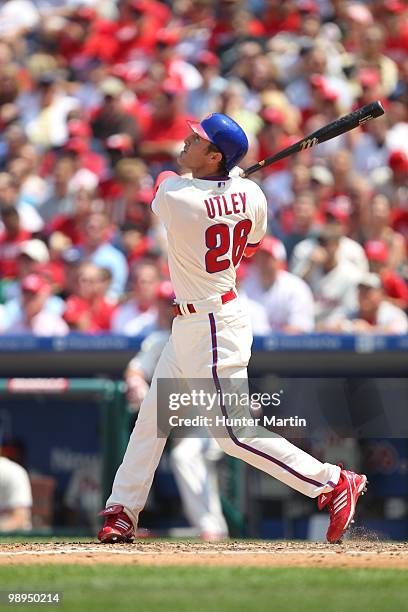 Second baseman Chase Utley of the Philadelphia Phillies swings at a pitch during a game against the St. Louis Cardinals at Citizens Bank Park on May...