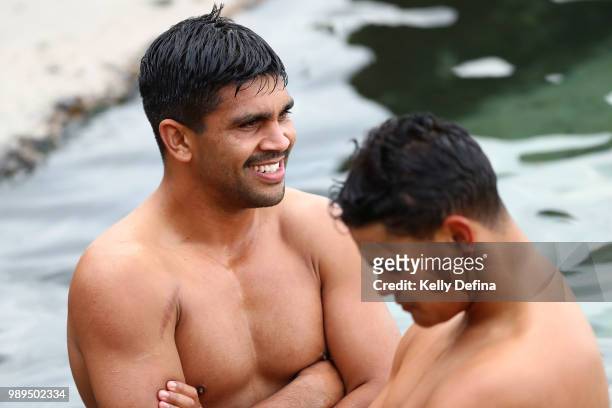 Tyrone Peachey of the Blues is seen in the ocean pool during a New South Wales Blues State of Origin Recovery Session at Coogee Beach on July 2, 2018...