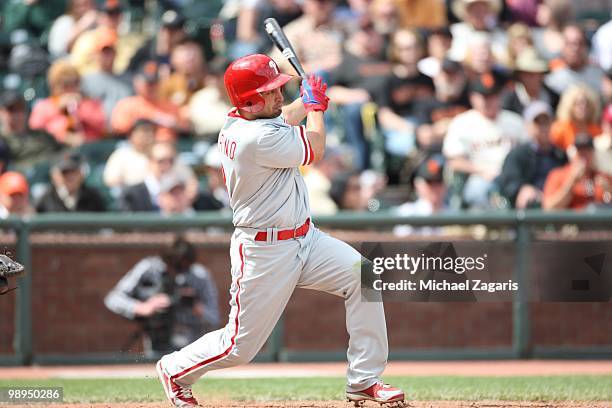 Shane Victorino of the Philadelphia Phillies hitting during the game against the San Francisco Giants at AT&T Park on April 28, 2010 in San...