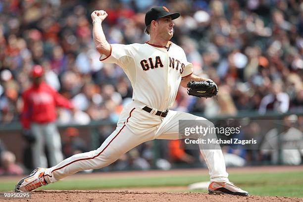 Brian Wilson of the San Francisco Giants pitching during the game against the Philadelphia Phillies at AT&T Park on April 28, 2010 in San Francisco,...