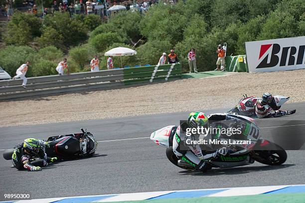 The group of Moto2 riders crashed out during the Moto2 race at Circuito de Jerez on May 2, 2010 in Jerez de la Frontera, Spain.