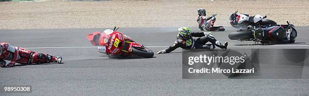 The group of Moto2 riders crashed out during the Moto2 race at Circuito de Jerez on May 2, 2010 in Jerez de la Frontera, Spain.