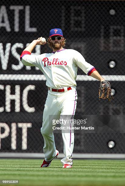 Right fielder Jayson Werth of the Philadelphia Phillies throws to second base during a game against the St. Louis Cardinals at Citizens Bank Park on...