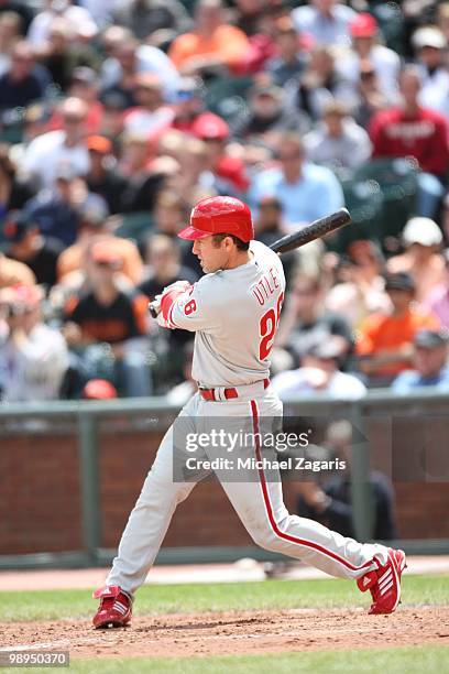 Chase Utley of the Philadelphia Phillies hitting during the game against the San Francisco Giants at AT&T Park on April 28, 2010 in San Francisco,...