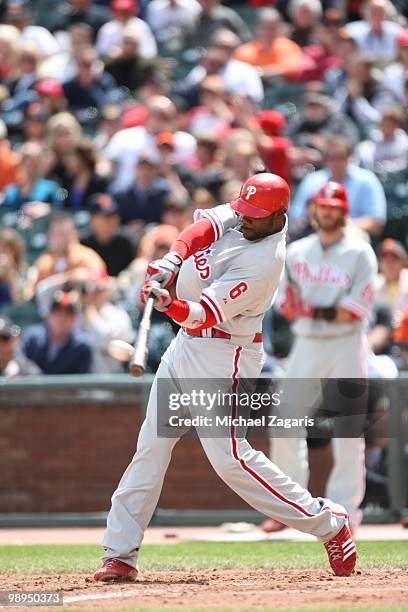 Ryan Howard of the Philadelphia Phillies hitting a double during the game against the San Francisco Giants at AT&T Park on April 28, 2010 in San...