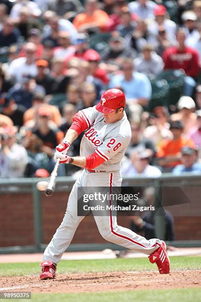 Chase Utley of the Philadelphia Phillies hitting during the game against the San Francisco Giants at AT&T Park on April 28, 2010 in San Francisco,...