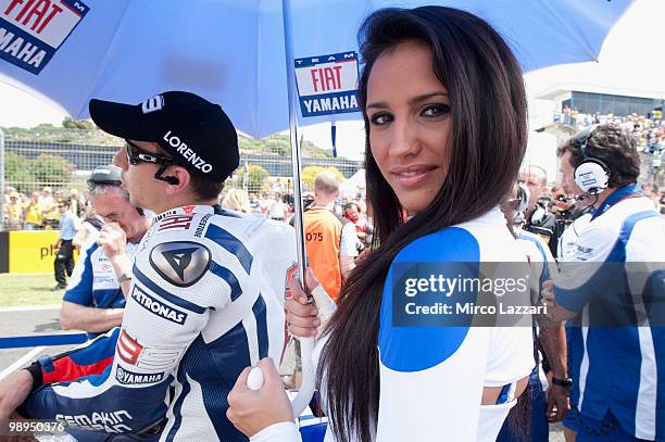 Jorge Lorenzo of Spain and Fiat Yamaha Team prepares on the grid before the MotoGP race at Circuito de Jerez on May 2, 2010 in Jerez de la Frontera,...