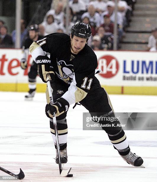 Jordan Staal of the Pittsburgh Penguins handles the puck against the Montreal Canadiens in Game Five of the Eastern Conference Semifinals during the...