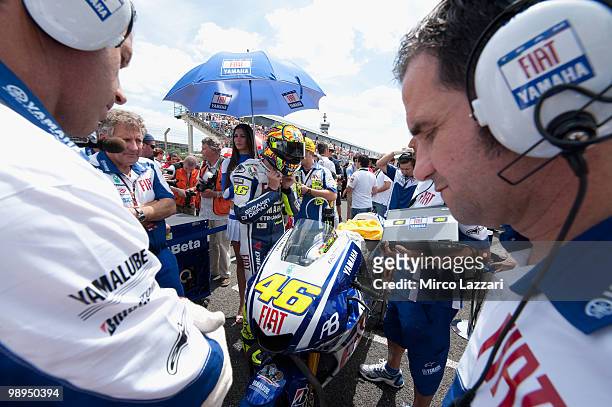Valentino Rossi of Italy and Fiat Yamaha Team prepares on the grid before the MotoGP race at Circuito de Jerez on May 2, 2010 in Jerez de la...