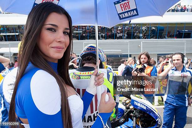 Valentino Rossi of Italy and Fiat Yamaha Team prepares on the grid before the MotoGP race at Circuito de Jerez on May 2, 2010 in Jerez de la...