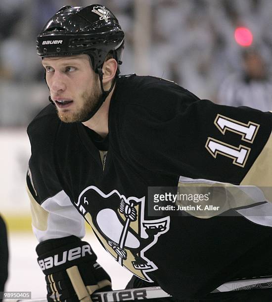 Jordan Staal of the Pittsburgh Penguins skates against the Montreal Canadiens in Game Five of the Eastern Conference Semifinals during the 2010 NHL...
