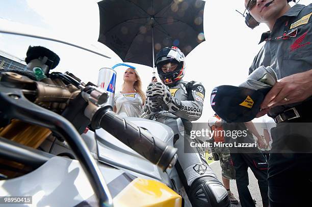 Hiroshi Aoyama of Japan and Interwetten MotoGP Team prepares on the grid before the MotoGP race at Circuito de Jerez on May 2, 2010 in Jerez de la...