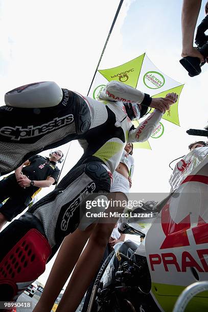 Mika Kallio of Finland and Pramac Green Energy Team prepares on the grid before the MotoGP race at Circuito de Jerez on May 2, 2010 in Jerez de la...