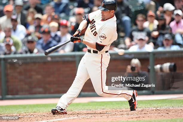 Aubrey Huff of the San Francisco Giants hitting during the game against the Philadelphia Phillies at AT&T Park on April 28, 2010 in San Francisco,...